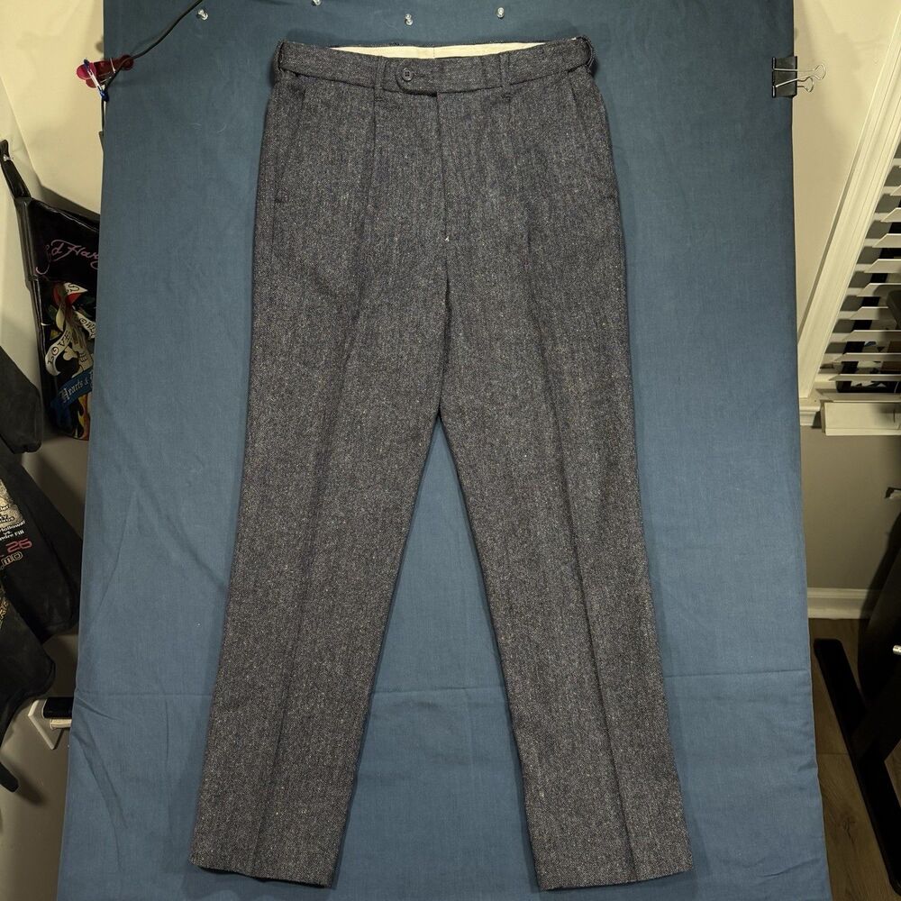 Peter Christian Irish Tweed Navy Blue Wool Flecked Pleated Dress Pant 34x31